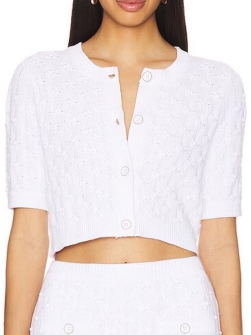 525 America White Short-Sleeve Button-Front Knit Cardigan